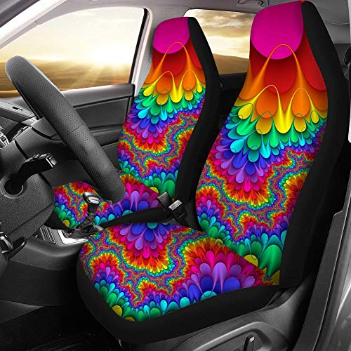 Binienty Auto-Vordersitz-Kissenbezug, 2-teiliges Set, Regenbogen-Boho-Batikdruck, strapazierfähiger Schalensitzschutz, passend für LKWs, SUVs, Limousinen