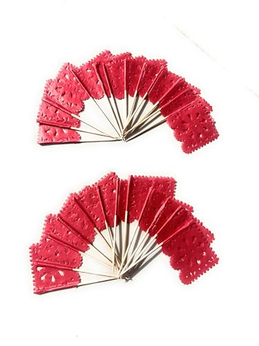 Set mit 24 Stück Mini-Papier-Banner aus mexikanischem Papier, Picado-Flaggen, Banderita, Fiesta, Party-Dekorationen, Cupcake-Topper, Party-Banderinen, Blumen-Design (rot)
