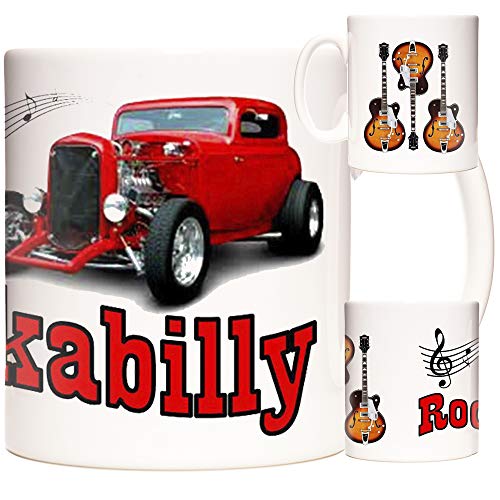 Rockabilly Tasse für Rockers Everywhere, mit Gitarren und rotem American Pickup Truck.