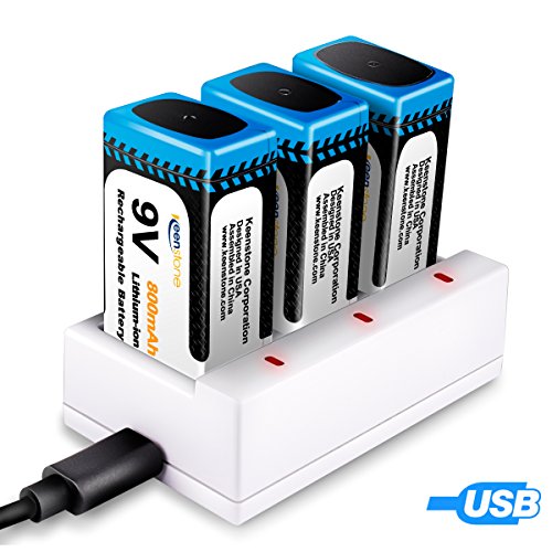 9V Batterie Ladegeraet, Keenstone 3 St. 9V PP3 Li-Ion Block aufladbare Akku Batterien & 3 Slots Ladegeraet, 800mAh, mit USB-Ladekabel, Ideal Fuer Melder