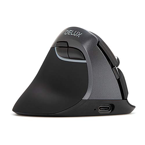 DELUX Vertikale Maus Drahtlose, ergonomische Maus mit BT 4.0 und 2.4G Wireless Dual Mode, eingebautem Akku, leisem Design, 6 Tasten und 4 DPI-Pegeln, optische PC-Maus RGB (schwarz, Linke Hand)