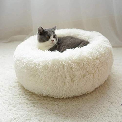 KongEU Katzenbett,Hundebett mit Kissen,Plüsch Weich Runden Katze Schlafen Bett/Klein und Mittelgroße Hund Bett/Haustierbett/Betten für Katzen/Hundekorb-XL:80 * 80cm-Weiß