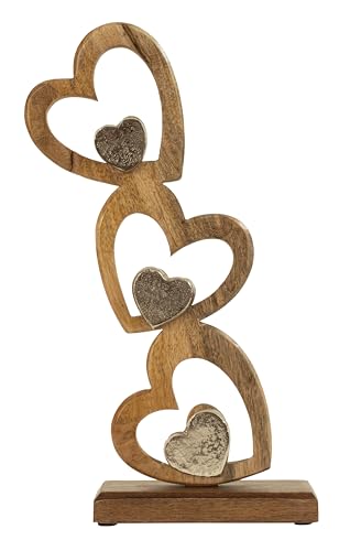 Lifestyle & More Skulptur Dekofigur mit 6 Herzen stehend auf Sockel Braun/Silber aus Holz und Metall Höhe 40 cm Breite 23 cm