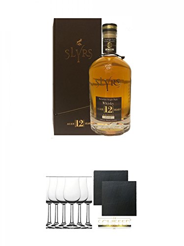 Slyrs Bavarian Whisky - 12 Jahre in GP 0,7 Liter + Whisky Nosing Gläser Kelchglas Bugatti mit Eichstrich 2cl und 4cl 6 Stück + Schiefer Glasuntersetzer eckig ca. 9,5 cm Ø 2 Stück
