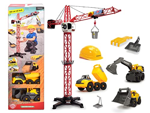 Dickie Toys - Volvo Baustellen-Spielzeug (9-teiliges Set) - für Kinder ab 3 Jahren, 1 Meter hoher Kran, 3 Baustellenfahrzeuge (Radlader, Bagger, Kipplaster), Sandspielzeug & Helm