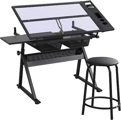 Zeichentisch aus Glas, höhenverstellbarer Zeichentisch mit Hocker, neigbarer Kunsttisch, Maltisch mit gehärteter Glasplatte