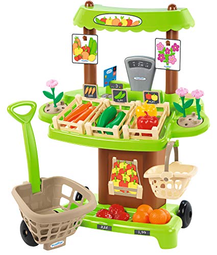 Ecoiffier – Marktstand – Kaufladen mit viel Zubehör und Spiellebensmitteln, für Kinder und Kleinkinder ab 18 Monaten, Verkaufsstand mit Einkaufskorb