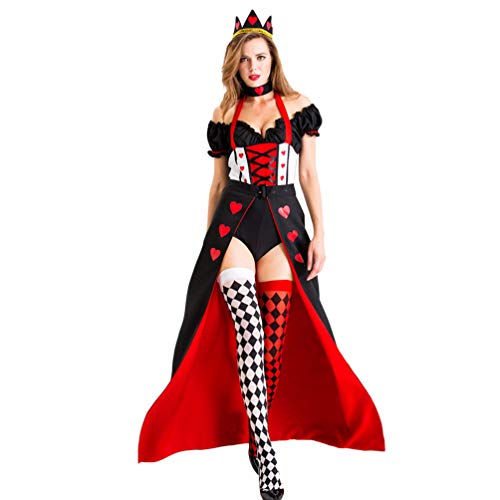 YOUJIAA Frauen Halloween Outfit Rote Herz-Poker Königin Kostüm Lange Partykleider Abendkleid - Schwarz Rot, CN S
