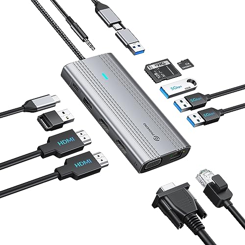 PHIXERO Displaylink Dock 12 in 1 USB C Docking Station Triple Monitor für Mac M1/M2, mit 2 HDMI & 1 VGA, 3 USB 3.0 & 1 USB 2.0, 15W Aufladung, SD/TF Kartenleser, Ethernet, Audio