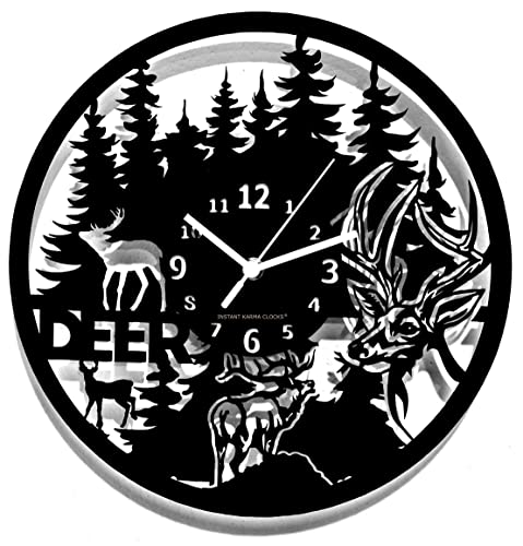 Instant Karma Clocks Wanduhr Deer Hirsch Wald Tiere Jäger, Schwarz, Holz
