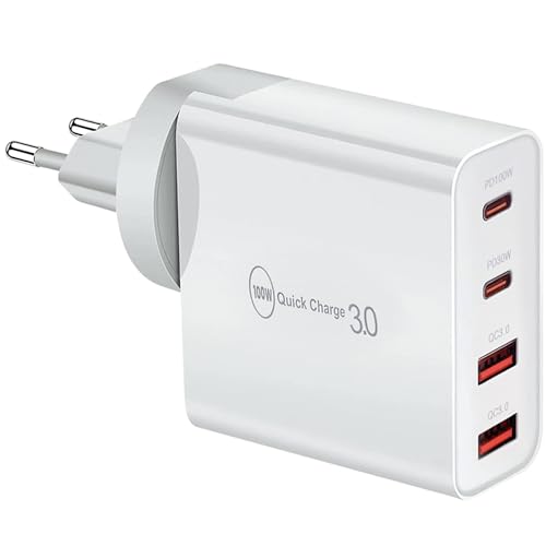 100W USB C Ladegerät, Schnellladegerät 4 Ports Quick Charger PD 3.0 Mehrfach kompatibel mit iPhone 15/14/13/12,Se, Mac Pro/Air, İpad Pro, Samsung, Huawei, Xiaomi, Steam Deck, Type C und USB A Netzeil.