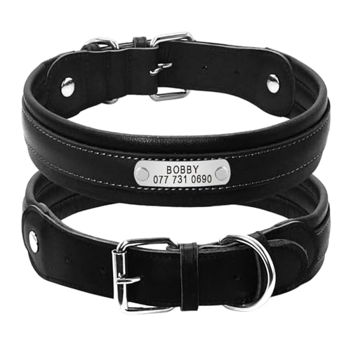 SARUEL Personalized Large Dog Collars Adjustable Padded Customized Pet Name ID Collar Engraving for Medium Large Dogs,Schwarz,M