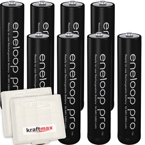 Kraftmax 8er-Pack Panasonic Eneloop PRO XX AAA / Micro Akkus - Neueste Generation - 950 mAh Hochleistungs Akku Batterien in Kraftmax Akkubox V5, 8er Pack