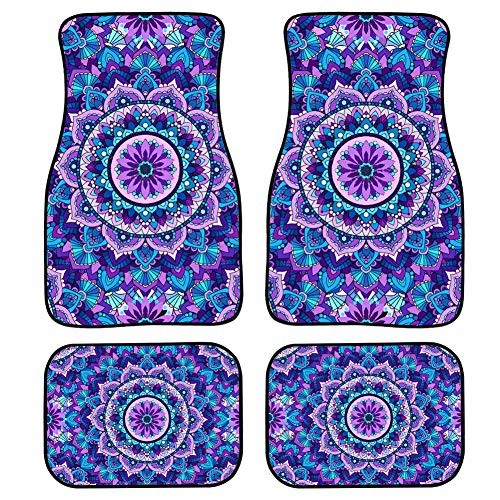 Binienty Antirutsch Auto Fußmatten für vorne und hinten 4-teilig Komplettset Mandala Lotus Floral Lila Design Auto Fußmatten für Frauen Mädchen