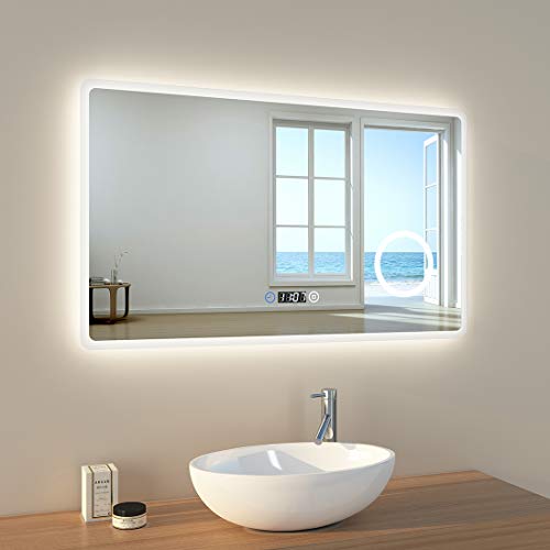 EMKE LED Badspiegel, 100x60cm Badezimmerspiegel mit Beleuchtung 3 Lichtfarbe 3000-6400K kaltweiß Neutral Warmweiß Lichtspiegel Badezimmerspiegel Wandspiegel mit Touchschalter mit Uhr IP44