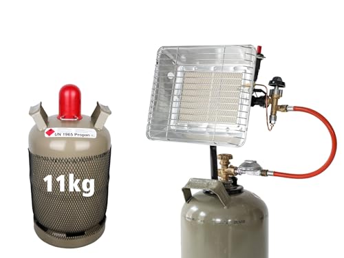 Rothenberger Industrial 4 teiliges Komplett-Paket: Gas Heizstrahler Aufsatzstrahler mit Zündung | 0,4 m Propangasschlauch | 1x Propankonstantregler 50 mbar und Propangas 11 kg leer