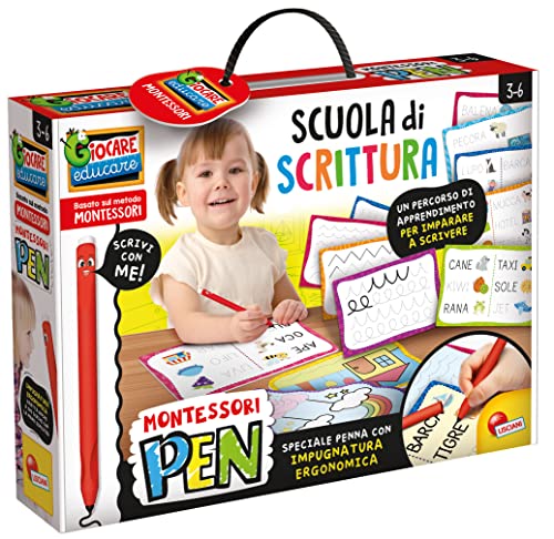 Liscianigiochi 97081 Montessori Pen Super Schule, Spiel zum Schreiben mit dem Anatomischen Stift, Mehrfarbig