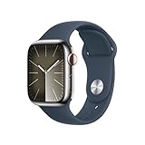 Apple Watch Series 9 (GPS + Cellular, 41 mm) Smartwatch mit Edelstahlgehäuse in Silber und Sportarmband M/L in Sturmblau. Fitnesstracker, Blutsauerstoff und EKG Apps, Always-On Retina Display