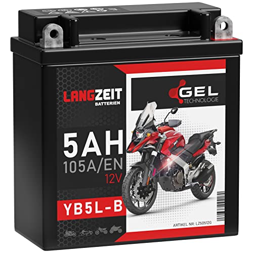 LANGZEIT YB5L-B GEL Motorradbatterie 12V 5Ah 105A/EN Gel Batterie 12V Roller Batterie doppelte Lebensdauer entspricht 50512 CB5L-B 12N5.5-3B vorgeladen auslaufsicher wartungsfrei ersetzt 4Ah