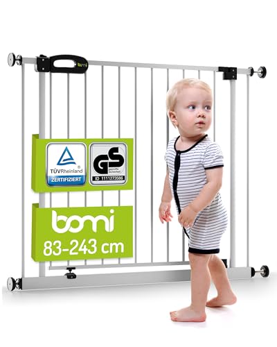 BOMI Türschutzgitter 85-243 | Zum Klemmen | 90° Stop | Schließt automatisch | Treppenschutzgitter aus Metall weiß selbstschließend | Gitter Türgitter Absperrung für Babys, Kleinkinder, Tiere