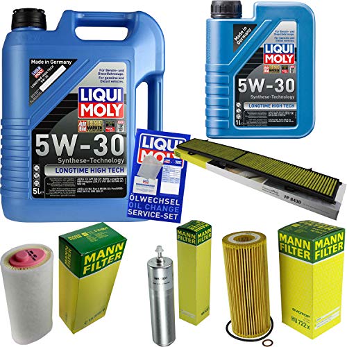 QR-PARTS 69351795 Filter Set Inspektionspaket 6 Liter Liqui Moly Motoröl Longtime High Tech 5W-30 MANN-FILTER Innenraumfilter Kraftstofffilter Luftfilter Ölfilter