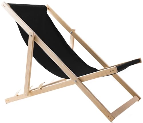 WOODOK Liegestuhl Klappbar - Gartenliege Klappbar bis 120kg, Sonnenliege aus Buchenholz ohne Armlehne - 3-Stufige Rückenlehnenverstellung (Schwarz)