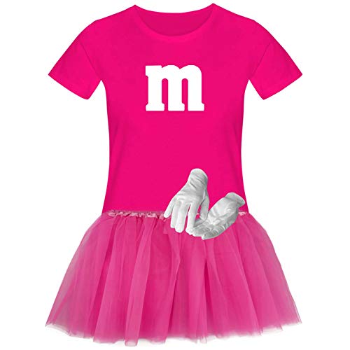 T-Shirt M&M + Tüllrock Karneval Gruppenkostüm Schokolinse 11 Farben Damen XS-3XL Fasching Verkleidung M's Fans Tanzgruppe, Gr.:XL, Farbauswahl:pink - Logo Weiss (+Handschuhe Weiss/Tütü pink)