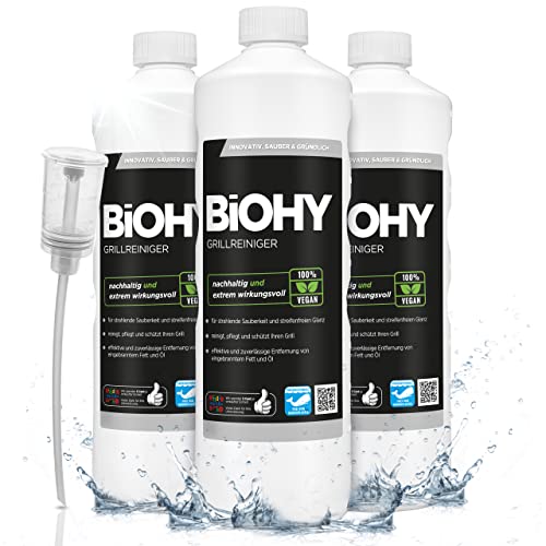 BiOHY Grillreiniger (3x1l Flasche) + Dosierer | Reiniger für Holzkohle-, Gas- und Elektrogrill | Aktivschaum gegen angebranntes Fett und Öl | Materialschonend, effektiv und nachhaltig