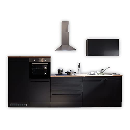 Stella Trading Jazz 4 Moderne Küchenzeile ohne Elektrogeräte in Schwarz matt-Geräumige Einbauküche mit viel Platz und Stauraum, Holzwerkstoff, 320 x 200 x 60 cm