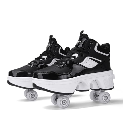 Roller Skates Schuhe mit Rädern Verstellbarer Quad -Kick -Rollschuhe für Frauen 2 in 1 Inline Skates Deformation Trainer für Kindergeschenk Black-35EU