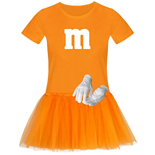 T-Shirt M&M + Tüllrock Karneval Gruppenkostüm Schokolinse 11 Farben Damen XS-3XL Fasching Verkleidung M's Fans Tanzgruppe, Gr.:L, Farbauswahl:orange - Logo Weiss (+Handschuhe weis/Tütü orange)