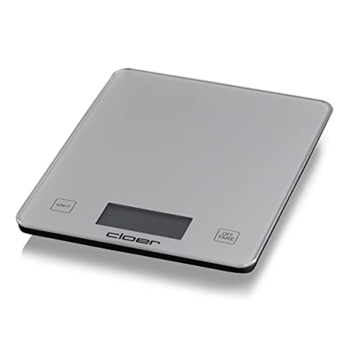 Cloer 6878 Digitale Küchenwaage für bis zu 10 kg, Zuwiegefunktion, Gewichtsmessung in 1 g Schritten, Mengenangabe in Gramm, Milliliter oder Unze möglich, Glasoberfläche, LCD-Display, silber