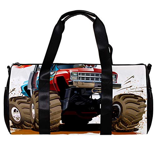 Runde Sporttasche mit abnehmbarem Schultergurt, Cartoon-Monster-Truck-Trainings-Handtasche für Damen und Herren