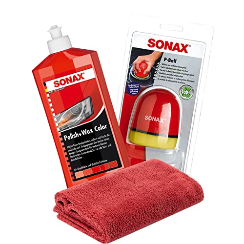 detailmate SONAX Hand Polier Bundle: SONAX Polish+Wax Color rot 500ml Politur + SONAX P-Ball ergonomischer Polier Ball Edgeless Mikrofaser Poliertuch 550GSM rot