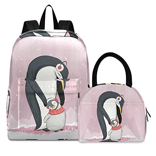 Rosa Babypinguinfamilie Büchertasche Lunchpaket Set Schulter Rucksacks Bookbag Kinderrucksack Isolierte Lunchbox-Tasche für Mädchen Jungs