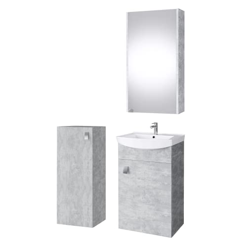 Planetmöbel Badset komplett aus Unterschrank 45cm mit Waschbecken, Spiegelschrank und 1x Midischrank in Beton, Komplettset für Badezimmer 4-teilig
