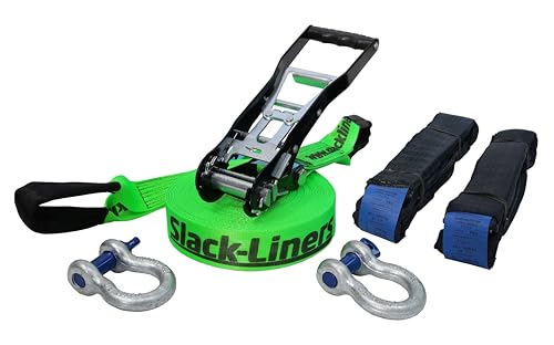 6 Teiliges Neon Slackline-Set LEUCHTGRÜN - 50mm breit, 25m lang - mit Langhebelratsche