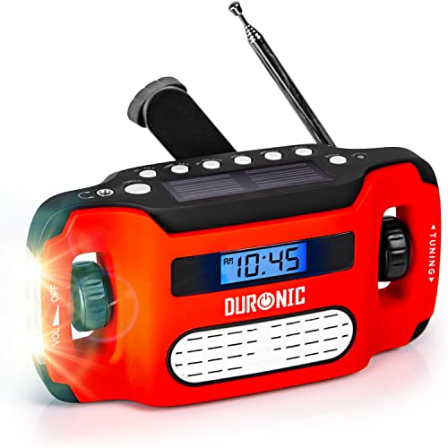Duronic Apex Radio AM/FM, wiederaufladbar – Solarradio – Kurbelradio – Solarenergie, Handkurbel und USB-Ladegerät – mit Radiowecker und Taschenlampe