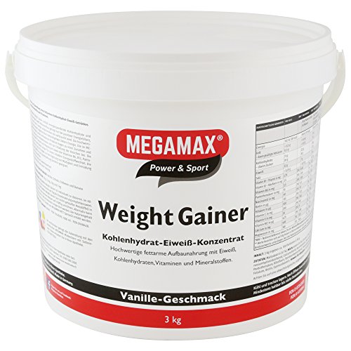 Megamax Weight Gainer Vanille 3 kg 0,5% Fett | Vitamine, hochwertige Kohlenhydrate & Proteine ideal für HardGainer u. Untergewicht | Aufbaunahrung für Massephase, Masseaufbau & Zunehmen