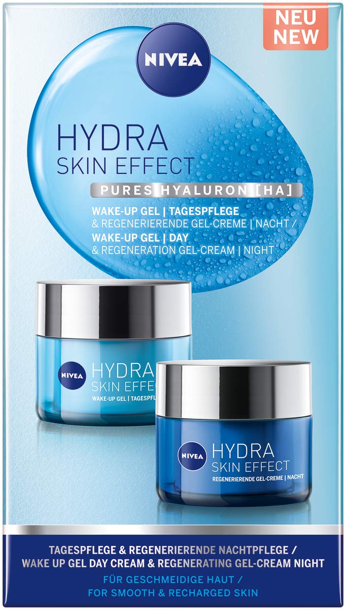 NIVEA Hydra Skin Effect Tages- + Nachtpflege Set, mit Wake-up Gel und Regenerierender Gel-Creme, Tagespflege und Nachtcreme mit purem Hyaluron [HA] für 72h Feuchtigkeit