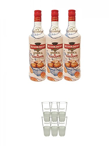 Rushkinoff Vodka & Caramello 3 x 1,0 Liter + Absolut Gläser 6er Karton
