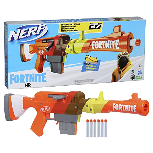 Nerf Fortnite HR Dart-Blaster, Ruff Wrap Design, 6-Dart Elite Clip, 6 Nerf Elite Darts, Rotierende Bolt Action, abnehmbarer Schaft