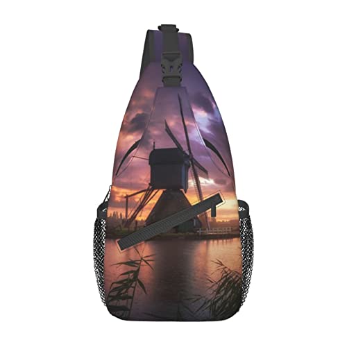 Lakeside at Sunset Print Sling Rucksack, leichte faltbare Crossbody-Tasche | wasserabweisender Schulterrucksack für den täglichen Gebrauch, Schwarz , Einheitsgröße