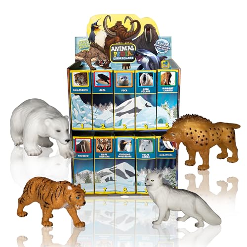 Animalpedia Die Polare Ära - Pack 4 Tiere - Sammelspiele für Kinder. Lernspiele, die Enzyklopädie der Tiere. Weiches TPR-Spielzeug. F (Tiger - Arktischer Fuchs - Smilodon - Bär)