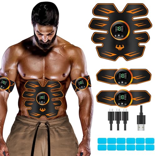 LEMENG EMS Bauchmuskeltrainer,EMS Elektrische Muskelstimulation,USB Wiederaufladbar Muskelstimulator bauchtrainermit 8 Modi & 19 Intensitäten,LCD Bildschirm muskelstimulator,leicht zu tragen