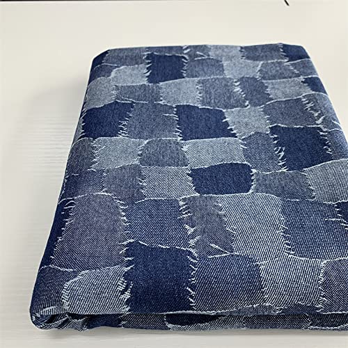 Yimihua Jeansstoff zum nahen meterware Baumwollstoffe gewaschener Jeansstoff Patch-Gitter 170 cm breit Jacquard zum Nähen von Hosen, Jacken, Dekorationen(Color:Mittelblau)