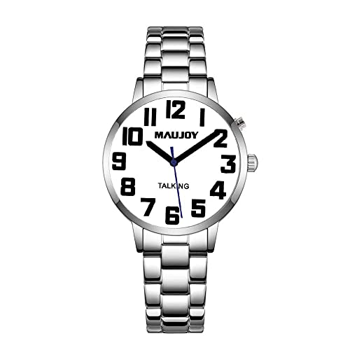 Maujoy Femenino Sprechende Armbanduhr für Damen, Lederarmband für ältere Menschen mit visueller Behinderung, analog, mit Wecker, Datum 4