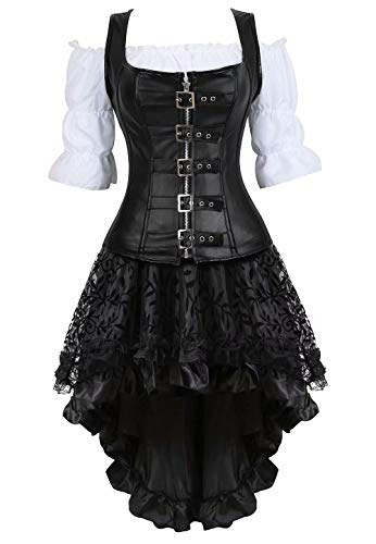 aizen Steampunk Corsagenkleid Leder Corsage Kostüm Reißverschluss asymmetrischer Spitzenrock und Bluse für Halloween Schwarz 4XL