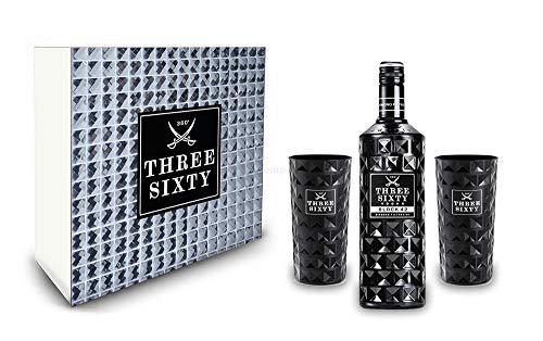 Three Sixty Set Geschenkset Geschenk Box ? Three Sixty Black Vodka Wodka 0,7L 700ml (42% Vol) + 2x Gläser Longdrinkgläser Glas 300ml aus rein weißem Brillanz-Glas Bar Cocktail - [Enthält Sulfite]