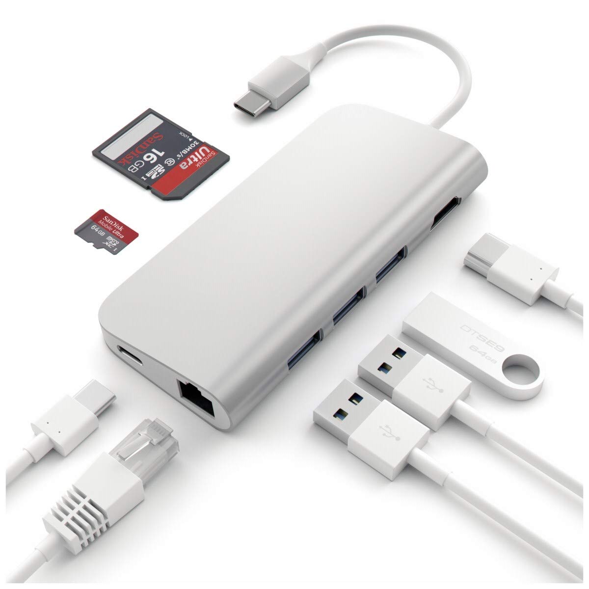 SATECHI Aluminium Multi-Port Adapter 4K HDMI, USB-C Pass Through, Gigabit Ethernet, SD/Micro Kartenleser, USB 3.0 - Für M2/ M1 MacBook Pro/Air, M2/ M1 iPad Pro/Air, M2 Mac Mini, iMac (Silber)